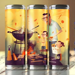 Father's Day Gift: Cute Cartoon Illustration of Father and Kids Outdoor BBQ, 20oz Skinny Tumbler Wrap, Straight and Tapered Wrap