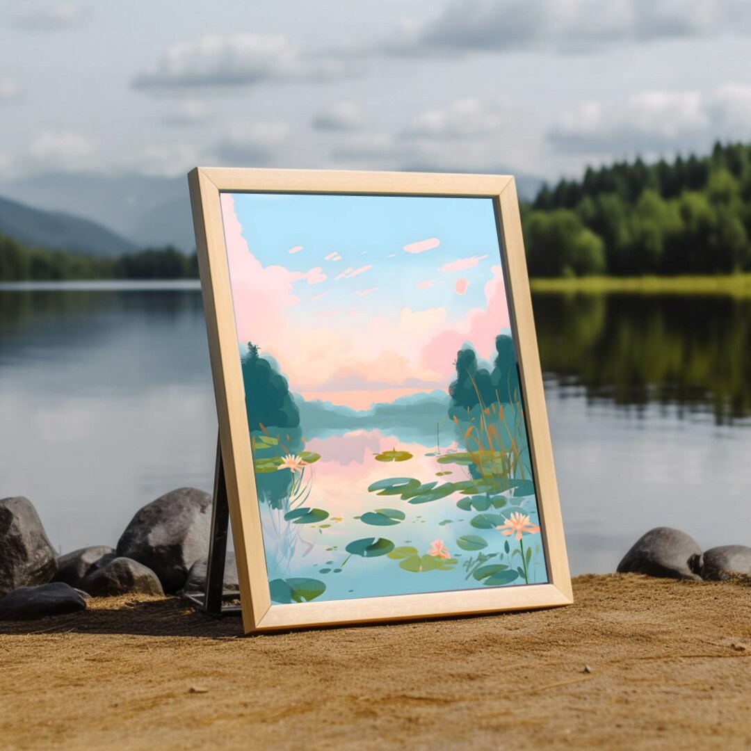 Wall Art of Watercolor, Lily Pond, Blue Sky, Digital Downloadable Print