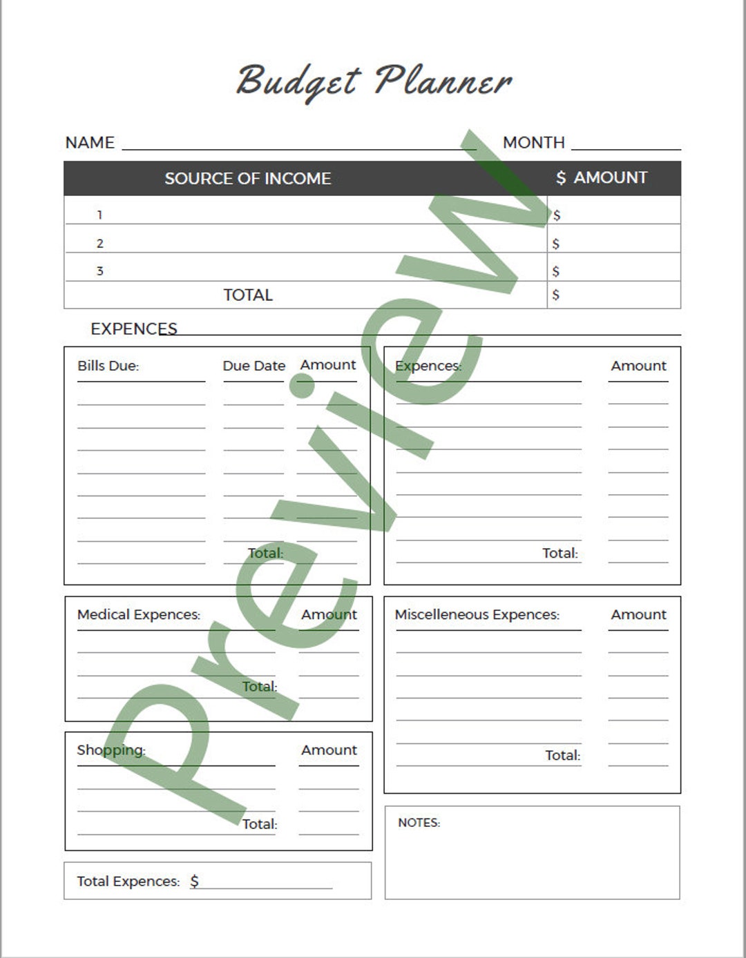 Budget Planner 1 Page Practical and Simple No Fuss Printable digital ...