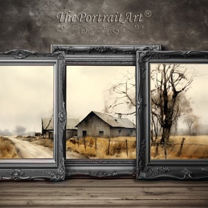 Tryptic Vintage Country Road Old House Watercolor, Pastoral, Weathered Materials, Gray, Desolate Landscapes Wall Decor, Digital Download