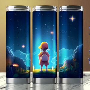 Niño mirando el cielo nocturno, estilo de dibujos animados, envoltura de vaso flaco de 20 oz, imagen de vaso, envoltura recta y cónica, diseño de sublimación de vaso