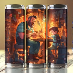 20oz Skinny Tumbler Wrap, straight and tapered, Father's Day Gift, Cute Cartoon Illustration of Father and Kids doing project together