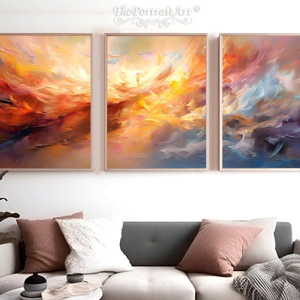 Cloudy Colorful Abstract Triptych - Modern Art, Digital Download, Vibrant Home Decor, Instant Wall Art, Tryptic art