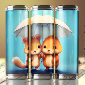 2 Cute Creatures Under Umbrella, Cartoon Illustration Style, 20oz Skinny Tumbler Sublimation Design, Straight and Tapered Wrap, Tumbler Art