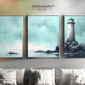 Triptych Wall Art, Light House Painting, Abstract Minimalism, Digital Download, Tryptic Wall Decor