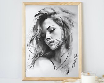 Female Portrait Sketch Drawing Fine Art Digital Printable Wall Decor