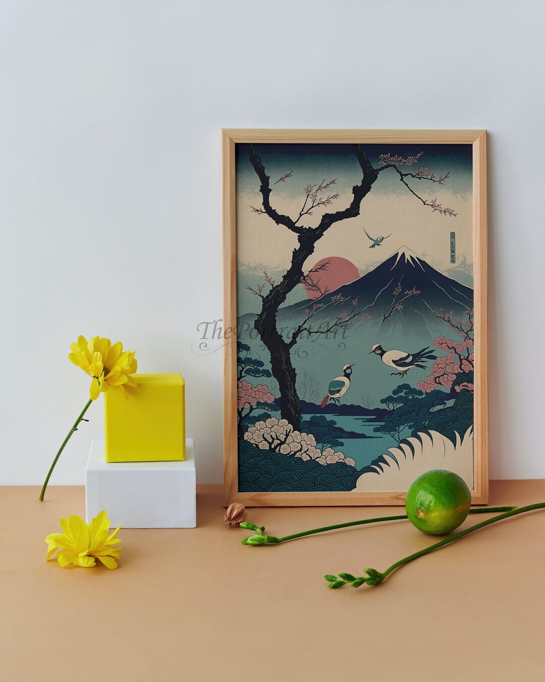 Japanese Style Wall Art Digital Downloadable, Mount Fuji Rising Sun