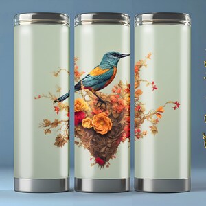 Minimalistic Bird and Flower Painting 20 oz Skinny Tumbler Sublimation Design, Nurse Tumbler Wrap, Instant Download