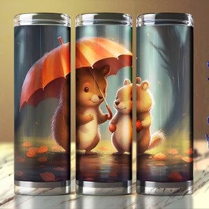 2 Cute Squirrels in the Rain, Cartoon Illustration, 20oz Skinny Tumbler Sublimation Design, Straight and Tapered Wrap, Tumbler Art