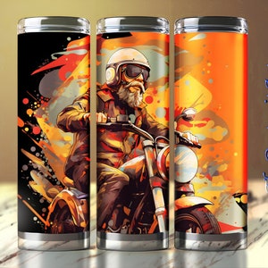 Father&#39;s Day Gift 20 oz Skinny Tumbler Wrap: Man on Vintage Bike, Vibrant Colorful Art, Tumbler Image, Straight and Tapered Wrap