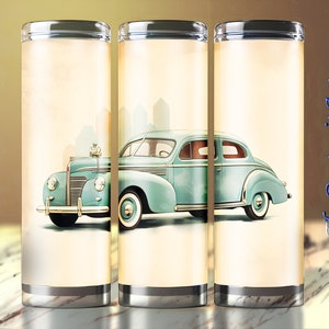 20 oz Skinny Tumbler Sublimation Design, Straight and Tapered Wrap, Vintage Green Car, Cartoon Illustration, Father's day gift