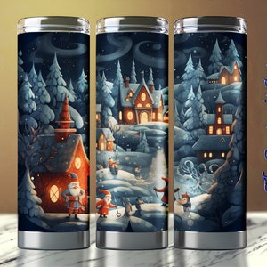 Window Snow Village, Holiday Theme, Cartoon Style, 20 oz Skinny Tumbler Wrap, Straight and Tapered Wrap, Tumbler Sublimation Design