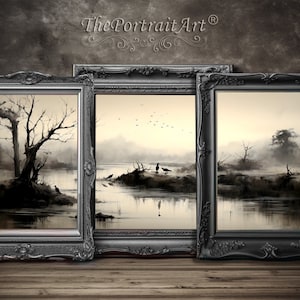Triptych Wall Art Misty River, Monochrome Landscapes, Vintage Avian Illustrations, Hazy Atmosphere, Vintage wall decor Digital Download