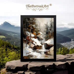 Snow Landscape Painting, Earthy Palette, Modern Gesture Driven Art, Volumetric Lighting, Realistic yet Loose Brushstrokes, Digital Wall Art