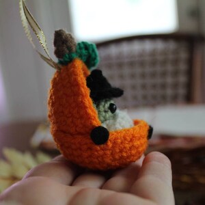 May include: A crocheted pumpkin ornament with a small crocheted figure sitting inside. The pumpkin is orange and the figure is wearing a black hat and has a white face.