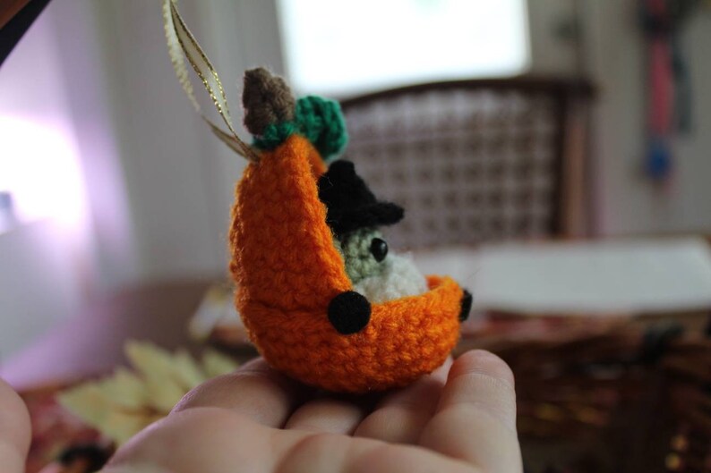 May include: A crocheted pumpkin ornament with a small crocheted figure sitting inside. The pumpkin is orange and the figure is wearing a black hat and has a white face.