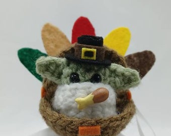 Baby Yoda ornament stuffed animal Amigurumi plush toy Thanksgiving Turkey Pilgrim Grogu Crochet in Pod Backpack Clip Small Mini Cute