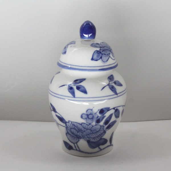 Vintage Cobalt Blue and White Ceramic Hand Painted Floral Ginger Jar with Lid