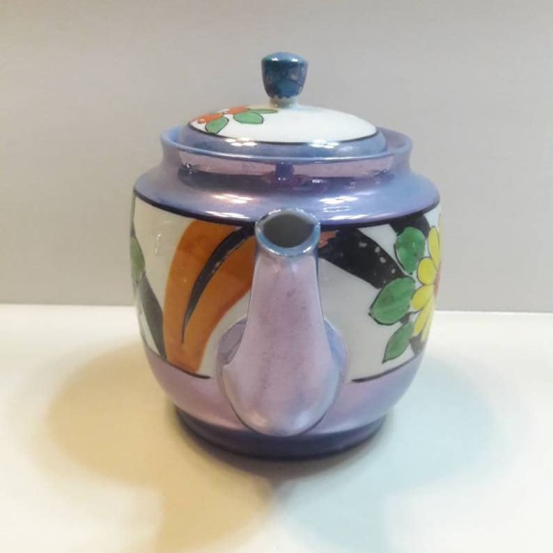 Periwinkle Blue Vintage Japanese Blue Floral Lusterware Hand Painted Teapot Orange