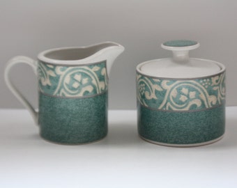 Vintage Creamer Pitcher and Sugar Bowl Set by Misono with Pavillion Pattern #4856, Scroll Pattern, Green and Tan