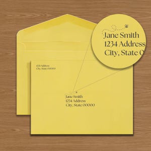 May include: A yellow envelope with a round sticker on the front. The sticker has a bee design and the text "Jane Smith 1234 Address City, State 0". The envelope also has the text "Jane Smith 1234 Address City, State 00000" printed on the front.