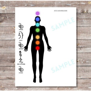 May include: A white poster with a black silhouette of a person, featuring seven colored circles aligned along the body, representing chakras. The poster includes text in English and Japanese, with the word "SAMPLE" repeated.