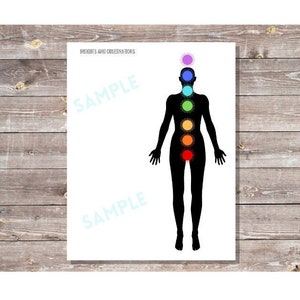 May include: A white print featuring a black silhouette of a human figure with seven colored circles aligned along the body, representing chakras. The print includes the text "SAMPLE" and "MOMENTS AND OBSERVATIONS".