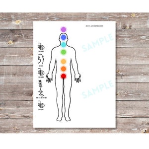 May include: A white print featuring a human figure with seven colored circles aligned along the body, representing chakras. The print includes Japanese characters and the text "SAMPLE" in multiple places.