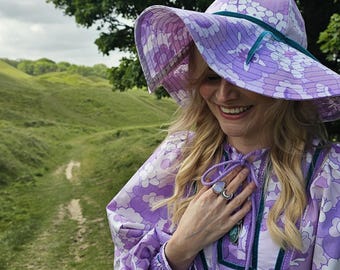 Upcycled Floral Floppy Sun Hat: 70s Vintage Inspired Purple Fabric