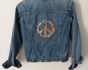 Upcycled Revamped Vintage 90s Denim Jean Jacket Unisex Hand Embroidered Multi-Coloured Rainbow Peace Sign Hippy Boho 70s Style Size 8 Small