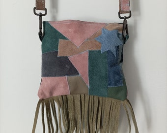 Handmade Pastel Multi Coloured Patchwork Leather/Suede Fringed 70s Boho Style Shoulder Bag Made with 100% Recycled and Upcycled Materials