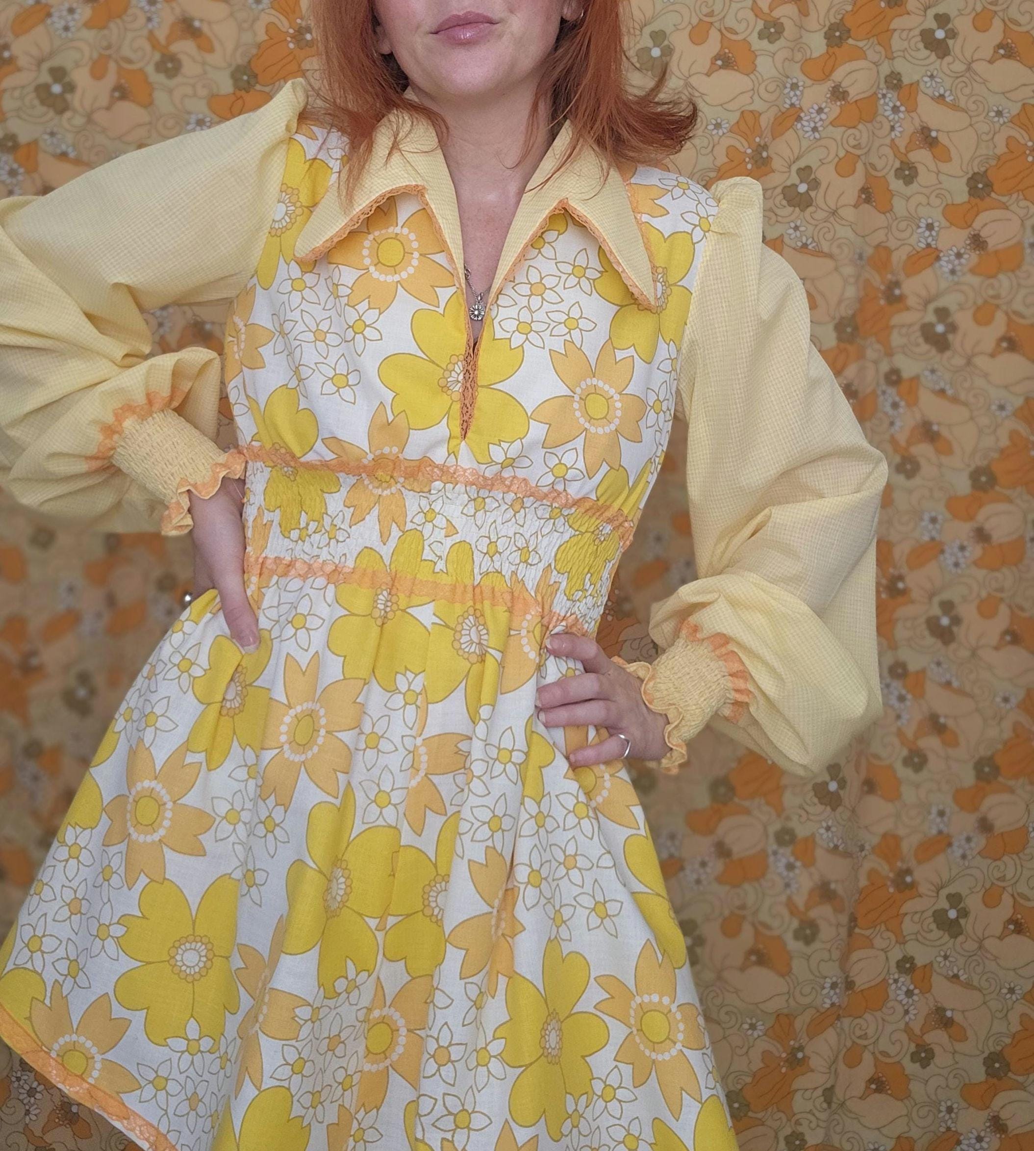 ROMANTICA VICTOR COSTA shirtdress day dress, Vintage 1970s Bishop sleeves and pussy bow, Brown and white embroidered floral
