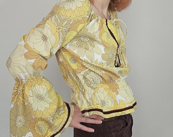 Handmade 70s Floral Blouse: Boho Flared Sleeve Top, Upcycled Fabric (XS/S)