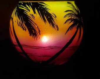 Sunset color beach hand painted candle holder, palm trees