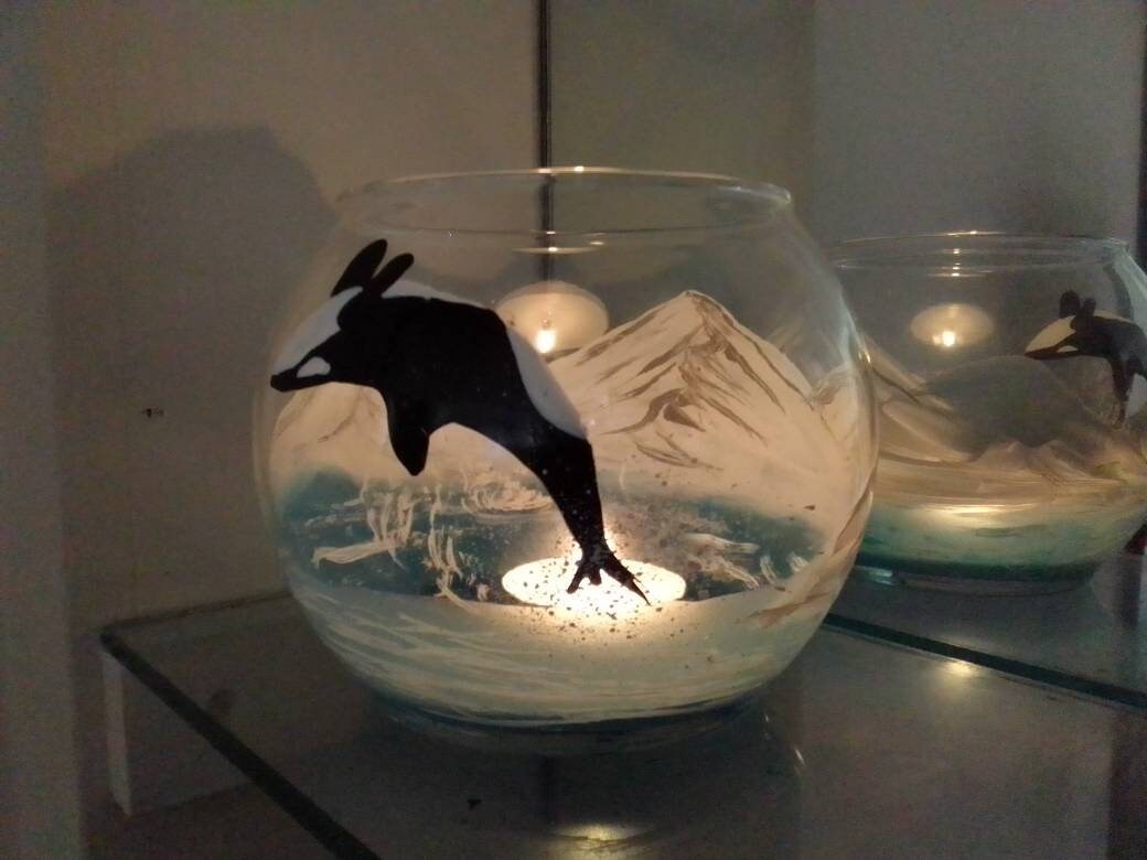 Orca killer whale in ocean and mountain hand painted candle holder - Thumbnail 5