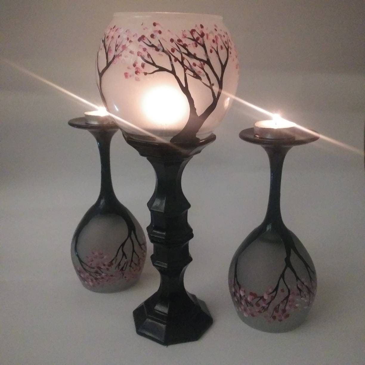 Cheery blossom trees Candle holder set of 3 hand painted glass - Thumbnail 4