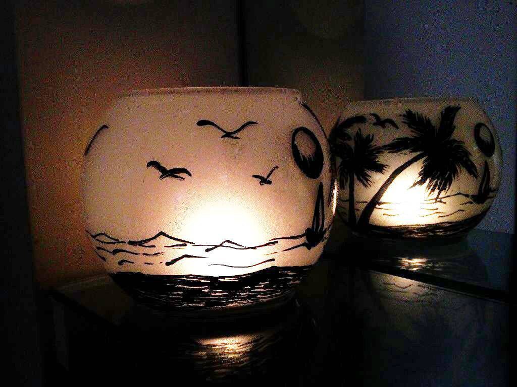 Hand Painted Beach Palm Glass Candle Holder: Art Vase (4x4) - Thumbnail 4