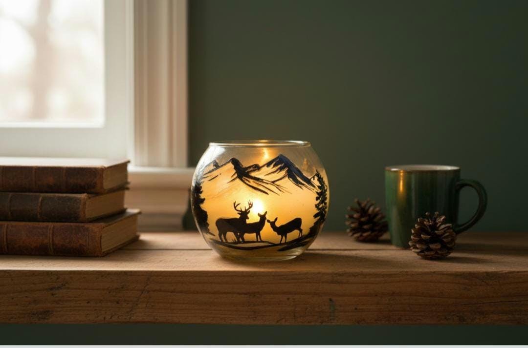 Hand-Painted Deer Glass Candle Holder