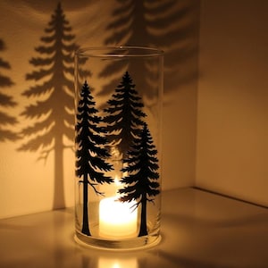 pine trees shadow hand painted cylinder glass candle holder