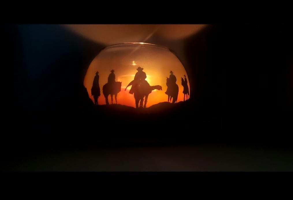 Group of cowboys ,horses, sunset, hand painted candle holder sunset color 4x5" - Thumbnail 2