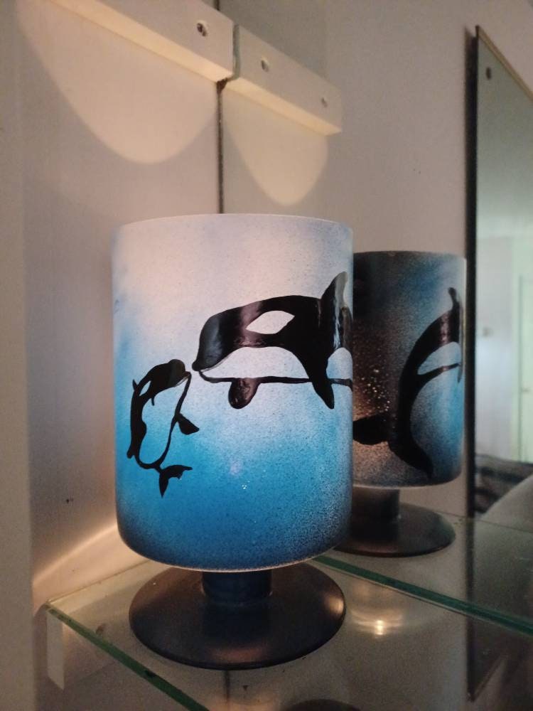 Hand painted in glass candle holder under the sea Orca while killer mom and baby
