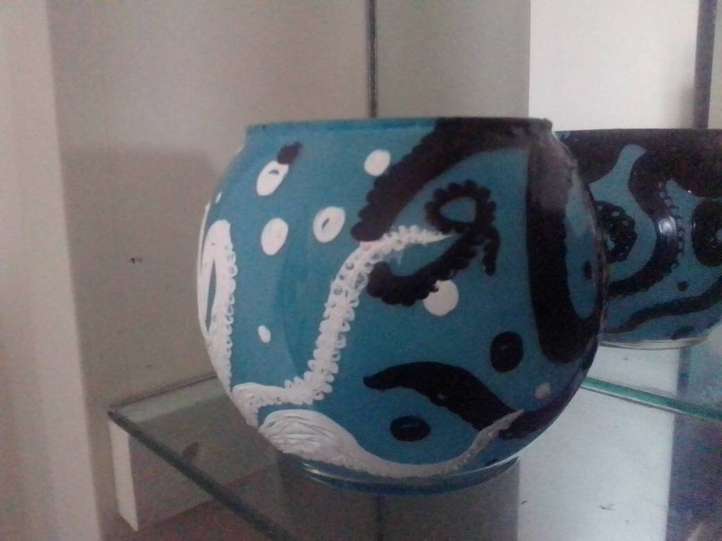 Black and white Octopus under the sea, hand painted candle holder - Thumbnail 5