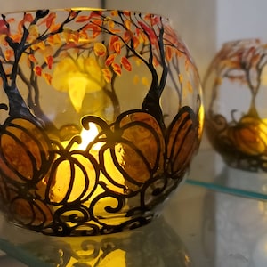 Fall Trees & Pumpkin Hand‑Painted Glass Candle Holder – Autumn Tealight Bowl – Thanksgiving Home Decor