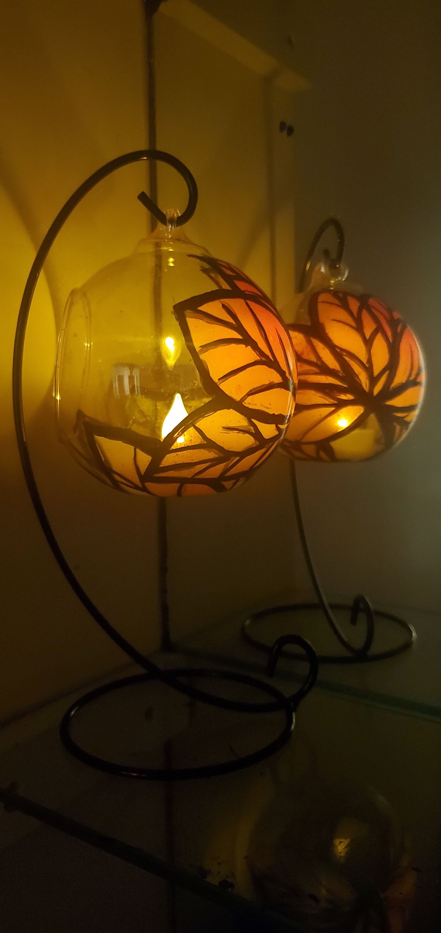 Orange leave fall hand painted candle holder - Thumbnail 7