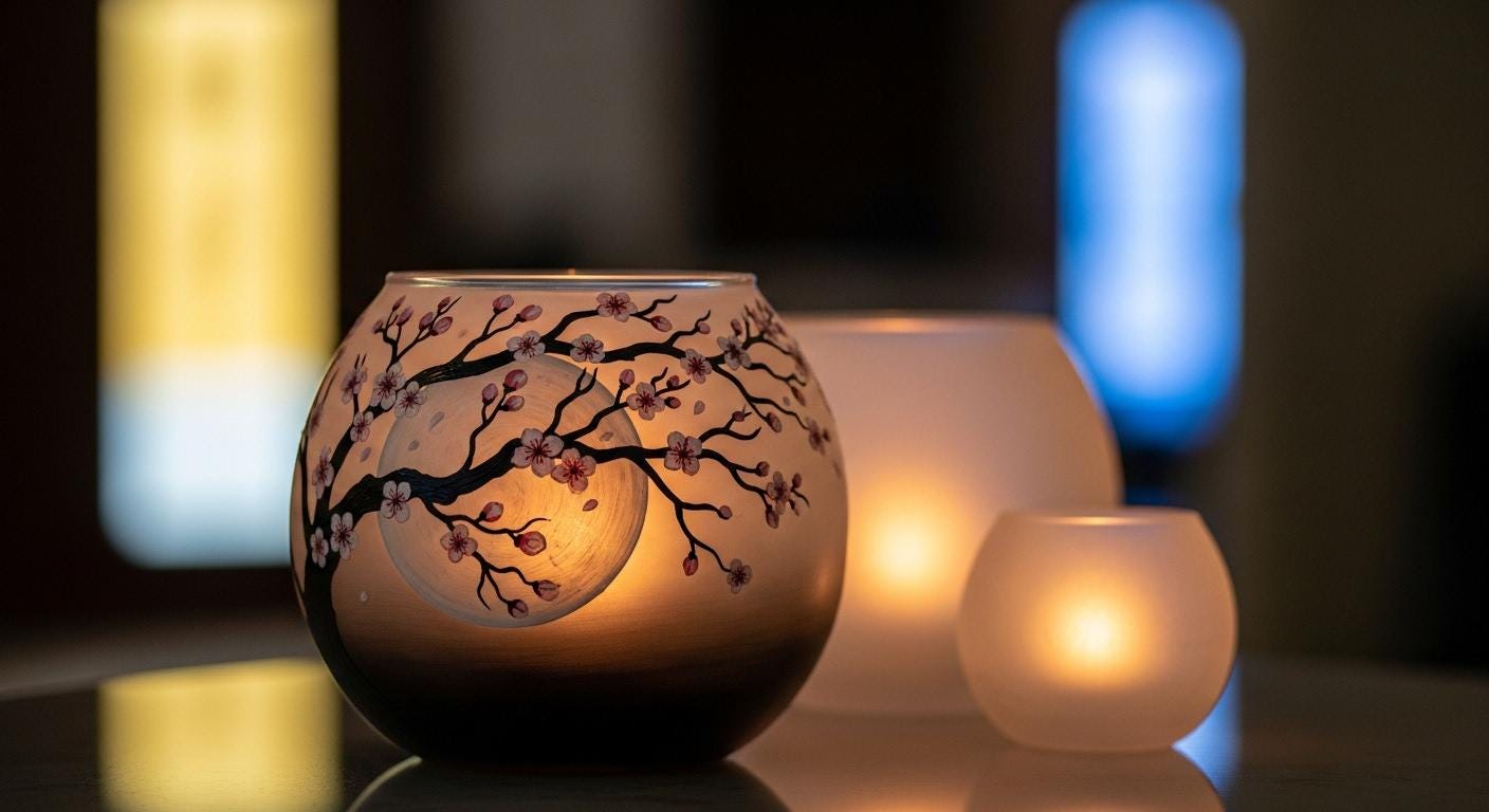 Hand Painted Cherry Blossom Glass Candle Holder: Moonlit Art