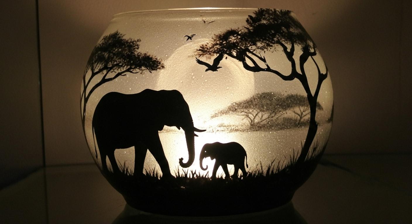 Hand-Painted Elephant Candle Holder: African Safari Silhouette Art