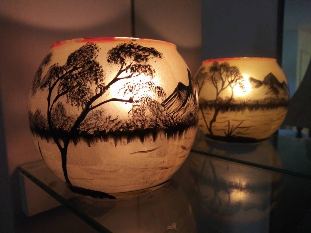 Hand‑Painted Mountain Landscape Candle Holder – Sunset Trees & Lake Silhouette, Unique Nature‑Inspired Gift - Thumbnail 6