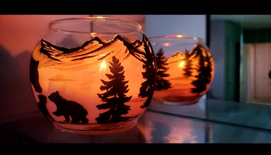 Hand Painted Bear Landscape Candle Holder (4x5) - Thumbnail 6