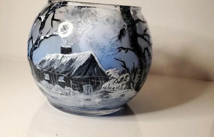 Hand Painted Winter House Candle Holder: Holiday Shadow Scene - Thumbnail 2
