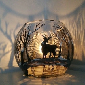 Art , Black Deer, winter, forest ,hand painted , glass bowl ,beautiful shadow , candle holder, fun, gift , unique, beautiful